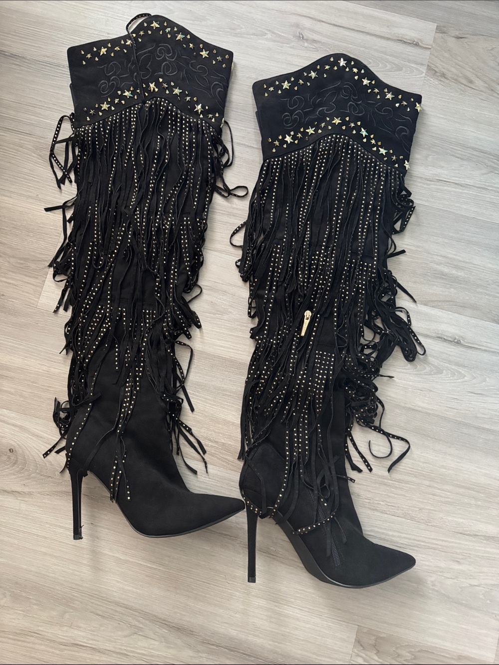 Cape Robbin Black Fringe Over-the-Knee Stiletto Boots with Gold Studs